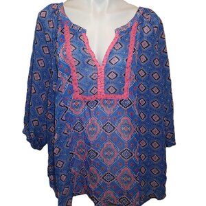 ❤️ 4/$20 Old Navy boho top Women's 1X peasant blouse Blue pink geometric chiffon